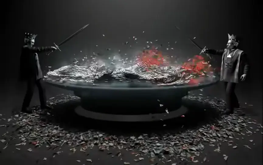 使用扑克牌来代指战争中的小人物,而扑克牌的碎裂代表着死亡和伤痛,尽管碎纸满地,但牌桌上仍在进行着腥风血雨的厮杀,十分震撼。